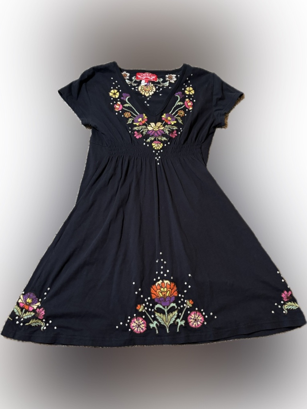 E69 Bella Cara Black Floral Embroidered V-Neck Casual Dress, Size L